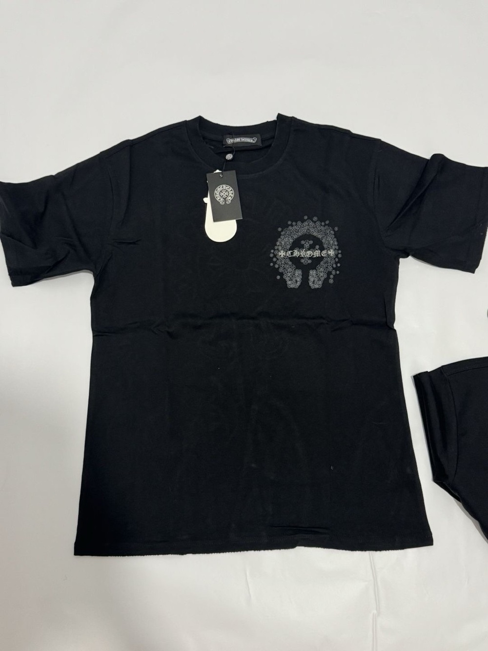 Chrome Hearts Black Short Sleeve Tee with Subtle Gray Logo distressed collar